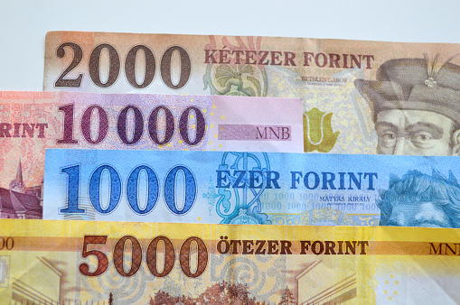 Hungarian currency in a row