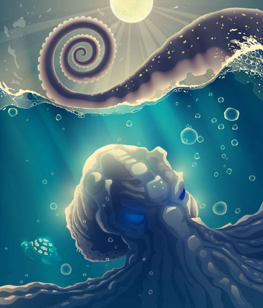 istock Under water sea devil or octopus monster in blue water with waves, splashes, ocean deep dark space with bubbles over dark sky with moon, night landscape illustration in vector. 1345695893