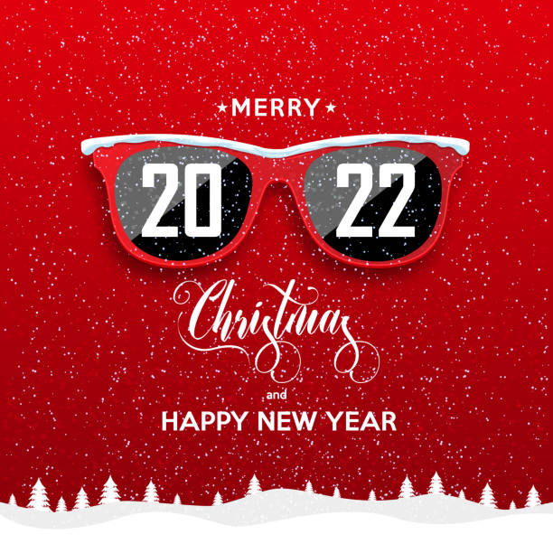 ilustrações, clipart, desenhos animados e ícones de óculos hipster vermelhos no fundo da queda de neve. feliz ano novo de 2022 e feliz paisagem de natal. - snow glasses