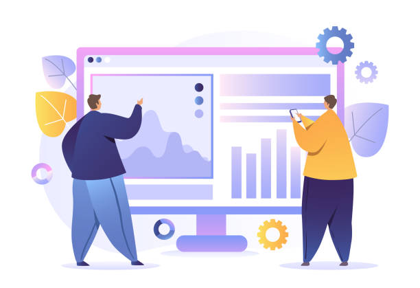 Data analysis concept Data analysis concept. Two men developing website design. Analytical department, reports, graphs, charts. Increase sales and skills. Cartoon flat vector illustration isolated on white background cartoon of a searching stock illustrations