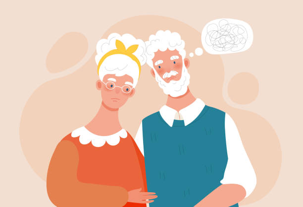 Elderly husband with dementia Elderly husband with dementia. Man does not remember moments of his life. Elderly couple with amnesia helps each other. Memory loss. Cartoon flat vector illustration isolated on pink background sad old woman stock illustrations