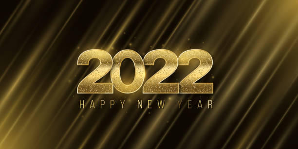 istock Happy New Year 2022 banner with golden, glitter numbers on abstract background of rays. Light effect. Luxurious cover. Elegant greeting card. Vector illustration 1345703450