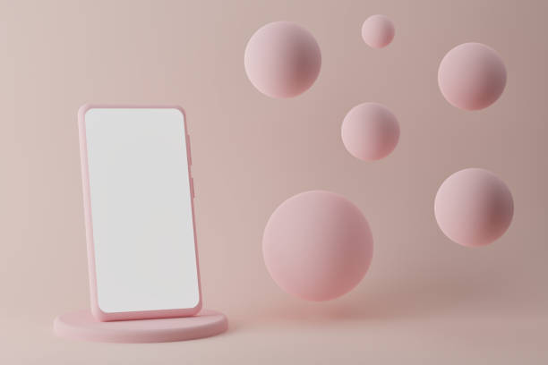 istock Modern smartphone on podium with flying bubbles on pink background, 3d render 1345705275