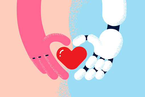 Love, human and robotic concept. Human and robot hands holding red heart together as symbol of love care and tenderness vector illustration