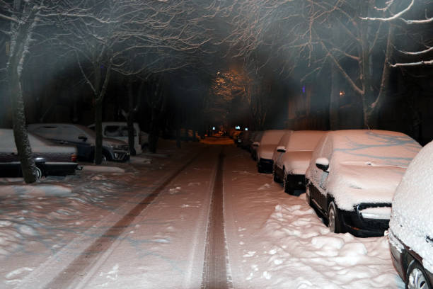 istock Parked cars covered with snow - snow storm. 1345712283