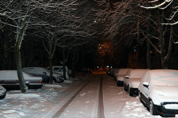 istock Parked cars covered with snow - snow storm. 1345712354