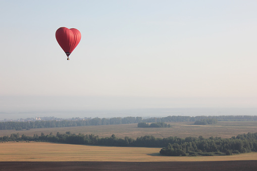 A beautiful red balloon in the shape of a heart on the background of an autumn field. The concept of love and Valentine's Day. a romantic date together. a declaration of love in the sky. High quality photo