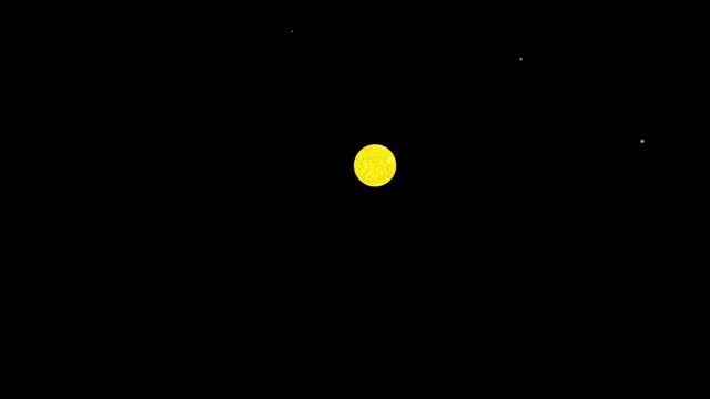 Animation of yellow sphere in the universe in solar system with minute white stars rotating around it. Computerized motion graphics.