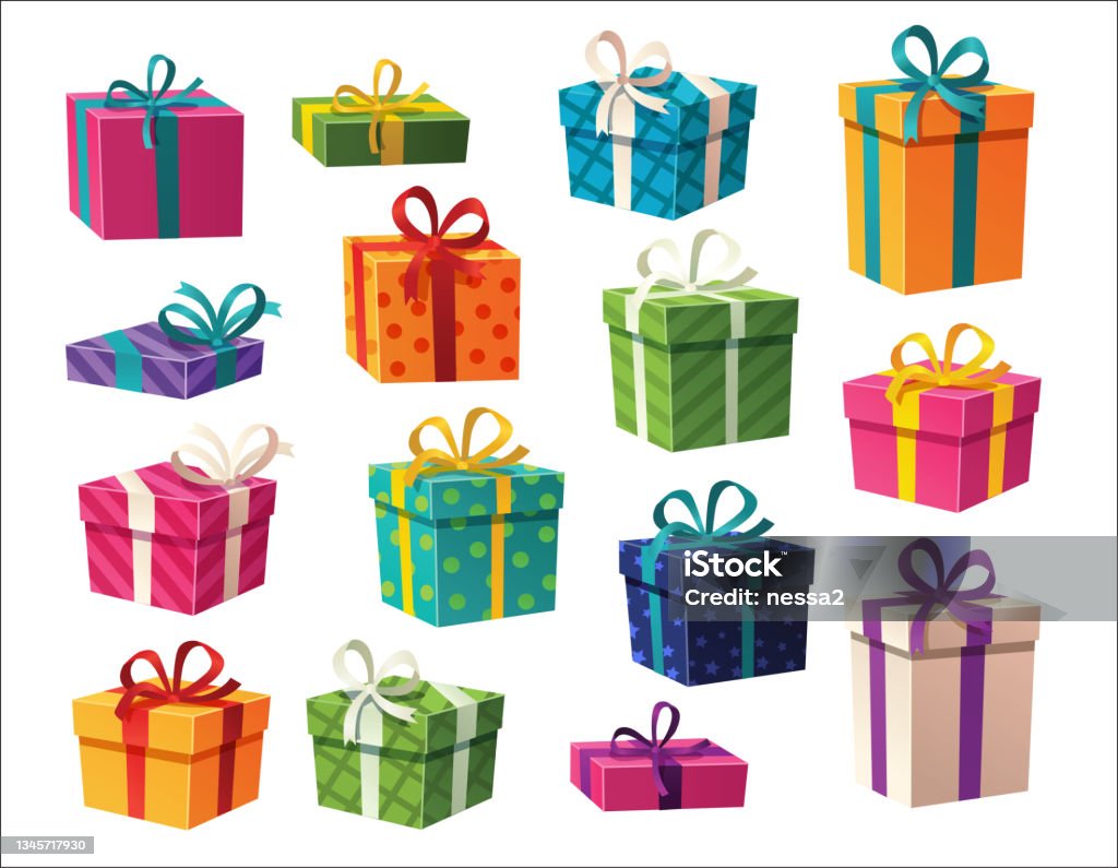 Set of colorful gift boxes with bows and ribbons. Illustration of isolated cartoon icon. Vector set christmas present. - Royaltyfri Julklapp vektorgrafik