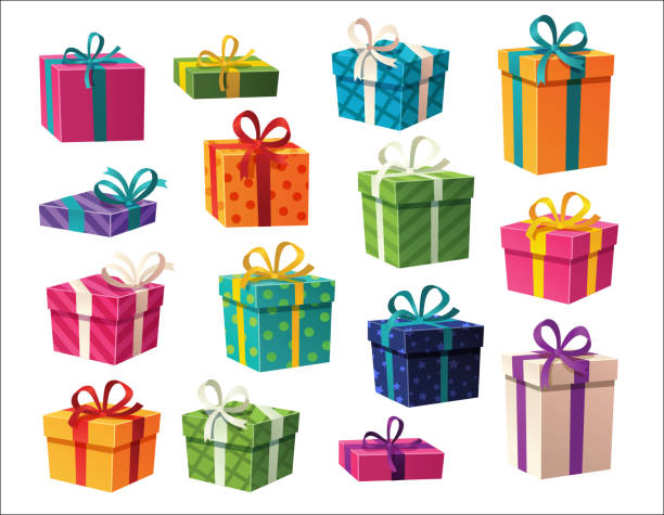 bildbanksillustrationer, clip art samt tecknat material och ikoner med set of colorful gift boxes with bows and ribbons. illustration of isolated cartoon icon. vector set christmas present. - omslagspapper