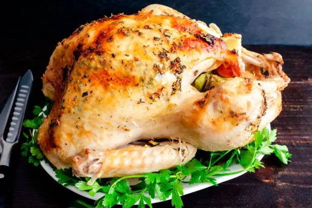 Closeup view of a whole turkey on a platter garnished with parsley