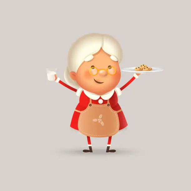 Vector illustration of Cute and happy Mrs Claus with cookies and milk - vector illustration isolated