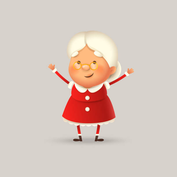 Cute and happy Mrs Claus smile and wave - vector illustration isolated Cute and happy Mrs Claus smile and wave - vector illustration isolated mrs claus stock illustrations