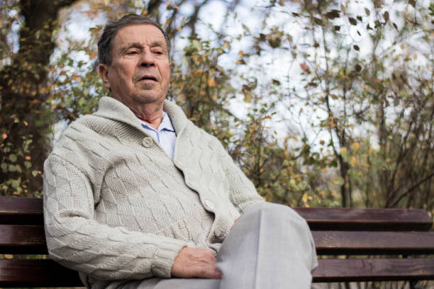 istock Senior man sitting on bench in the park 1345730096