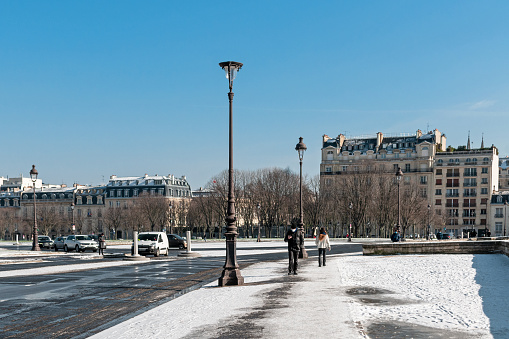 Paris with snow, unusual weather conditions. Les Invalides quarter. Paris 7 in France, February 10, 2021.
