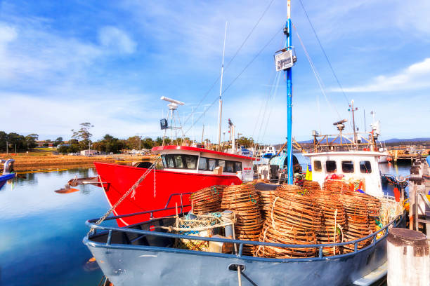 Nautical local fishing boats in Triabunna town on Tasmanian East coast, Spring bay.
