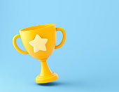 Trophy cup with a star on blue background