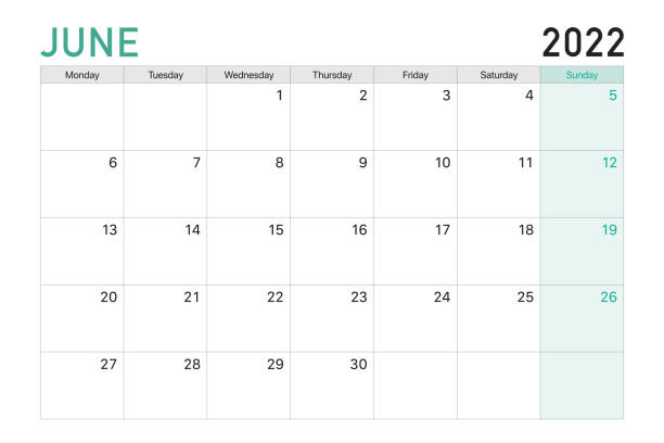 ilustrações, clipart, desenhos animados e ícones de 2022 junho ilustração vetor desk semanas calendário começam na segunda-feira em claro verde e branco tema - junho