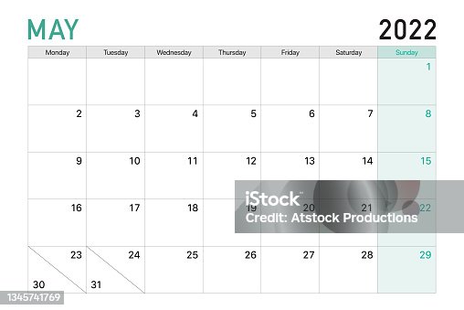 istock 2022 May illustration vector desk calendar weeks start on Monday in light green and white theme 1345741769