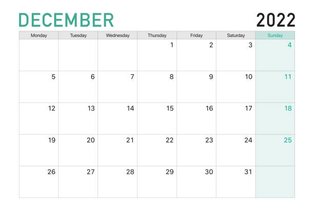 2022 декабрь иллюстрация векторный настольный календарь недели начинаются в понедельник в светло-зеленой и белой теме - декабрь stock illustrations