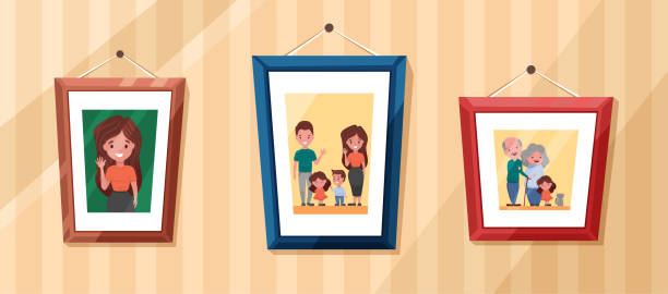 Family photos with Parents and kids portrait in frames. Memory pictures with grandparents, children and pets. Vector cartoon illustration Family photos with Parents and kids portrait in frames. Memory pictures with grandparents, children and pets. Vector cartoon illustration family photo on wall stock illustrations
