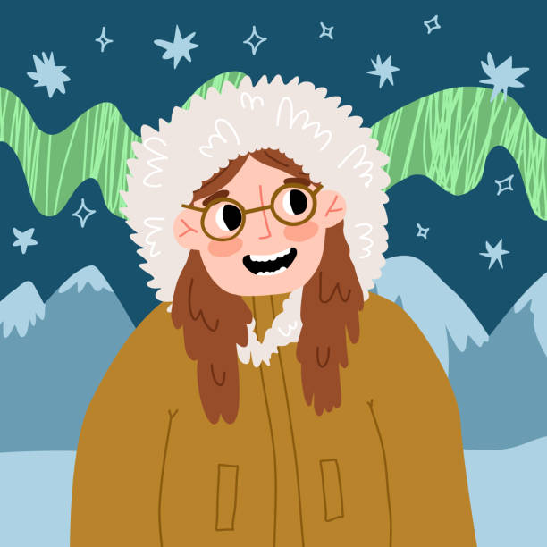 Cute girl in warm parka jacket looks on Aurora Borealis and starry sky. Polar night, winter in cold place, North landscape background. Vector hand-drawn illustration. Cute girl in warm parka jacket looks on Aurora Borealis and starry sky. Polar night, winter in cold place, North landscape background. Vector hand-drawn illustration. alaska northern lights stock illustrations