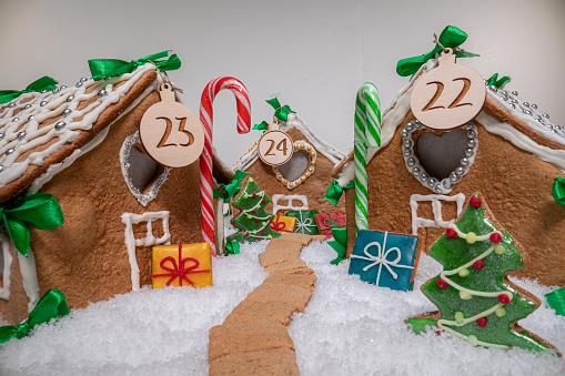 Gingerbread village for Christmas. Beautiful Christmas gingerbread village with cookies, candies and snow.