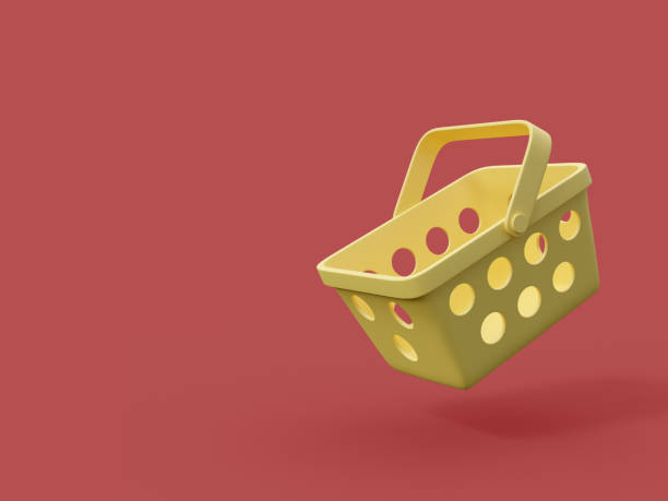 istock Minimal style yellow shopping basket on red background with copy space 3d render 1345744680