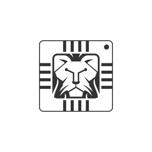 Vector illustration of unique lion head and integrated circuit or tech symbol logo design vector icon illustration inspiration