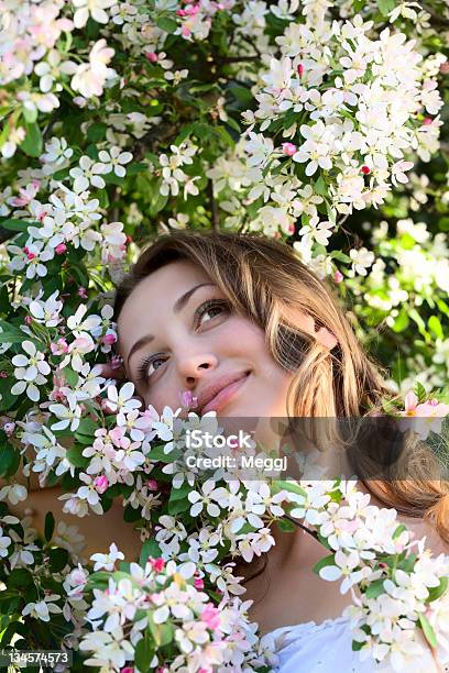 Mulher Bonita Em Uma Flor De Primavera - Fotografias de stock e mais imagens de Adulto - Adulto, Amor, Ao Ar Livre
