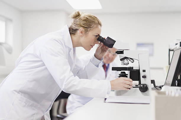 científico trabajando en laboratorio de patología - microscope fotografías e imágenes de stock