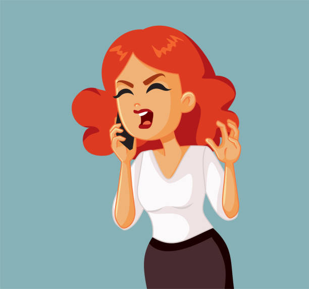 ilustraciones, imágenes clip art, dibujos animados e iconos de stock de mujer enojada haciendo una llamada telefónica ilustración vectorial - arguing complaining women conflict