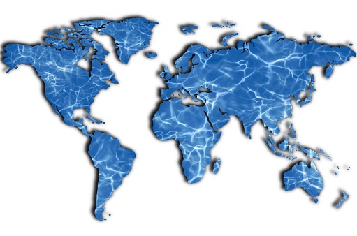 World map, blue color with deep wave water texture