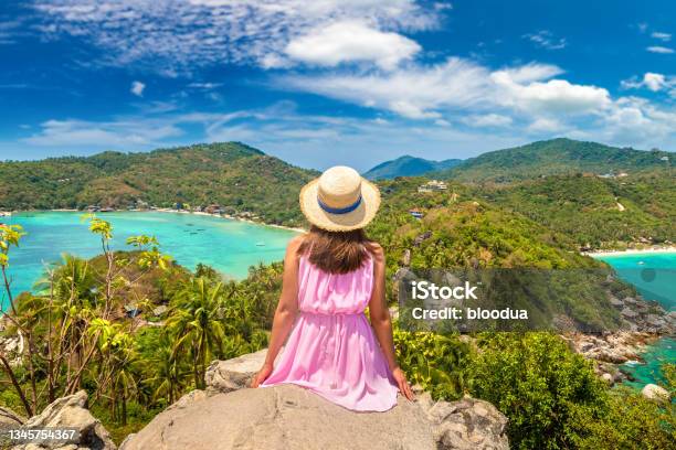 Woman And Aerial View Of Koh Tao Stock Photo - Download Image Now - Thailand, Koh Tao - Thailand, Beach