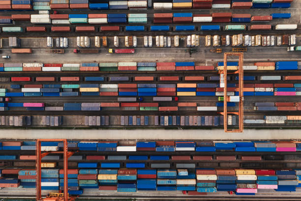 istock Containers and seaport, trade and logistics. 1345759650