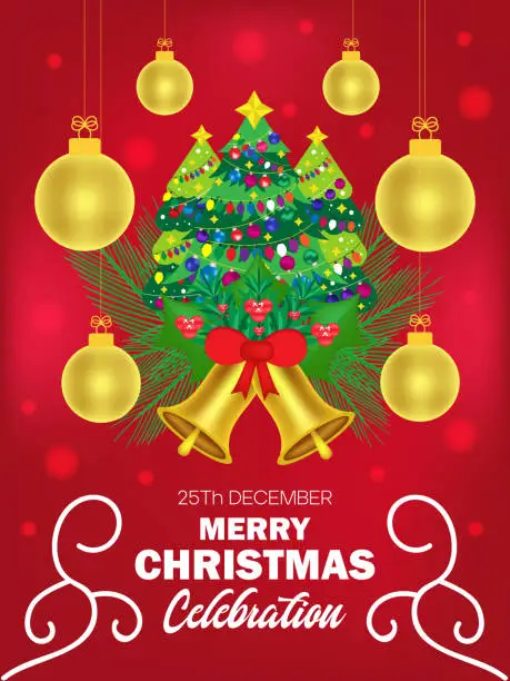 Vector illustration of Merry Christmas Celebration template or flyer design with Christmas tree, jingle bell, pine leaves and hanging baubles decorated