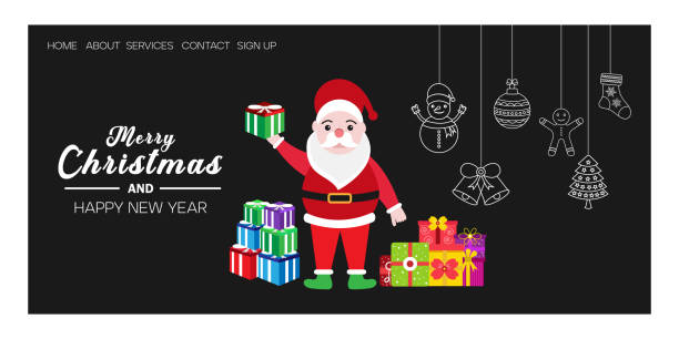 ilustrações, clipart, desenhos animados e ícones de feliz natal desejos site landing page. papai noel em traje tradicional - christmas present senior men surprise gift box