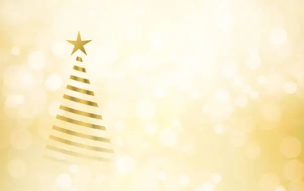 Vector illustration of A creative glittery golden beige coloured empty plain blank horizontal vector backgrounds with a striped spiral shining light brown christmas tree and a twinkling star at its top and copy space for text at the right