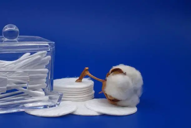 Raw cotton boll with pads and earsticks in container in a still life concept centred around natural cotton, personal hygiene and resources with copyspace on blue