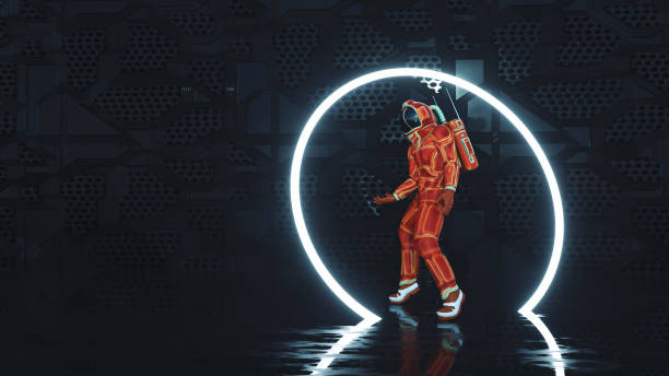 istock Astronaut dancing through a neon portal . This is a 3d render illustration . 1345766426