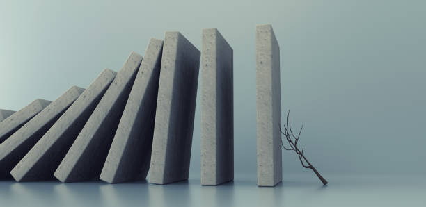 Heavy domino concrete pieces falling over a branch .. Inevitable failure concept . This is a 3d render illustration .