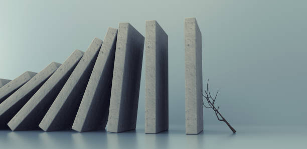 Heavy domino concrete pieces falling over a branch .. Inevitable failure concept . This is a 3d render illustration . stock photo