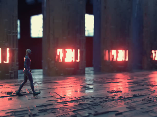 istock Futuristic cityscape with neon lights and a robot . Sci fi and fantasy concept . This is a 3d render illustration 1345766438