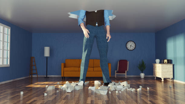 istock Apartment with broken ceiling and tall men . Home insurance and rent problem concept . This is a 3d render illustration . 1345766474