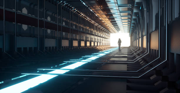 istock Sci fi tunnel with a astronaut walking to the sunset . Spaceship corridor background . This is a 3d render illustration . 1345766476