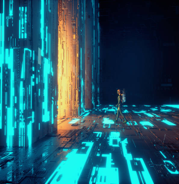 istock Futuristic cityscape with neon lights and a robot . Sci fi and fantasy concept . This is a 3d render illustration . 1345766492