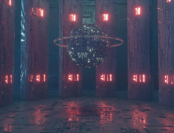 Futuristic cityscape with neon lights . Sci fi and fantasy concept . This is a 3d render illustration .