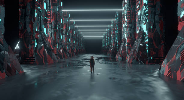 istock Futuristic cityscape with neon lights . Sci fi and fantasy concept . This is a 3d render illustration . 1345766496