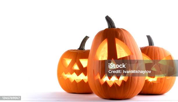 Three Halloween Pumpkins On White Stock Photo - Download Image Now - Pumpkin, Jack O' Lantern, White Background