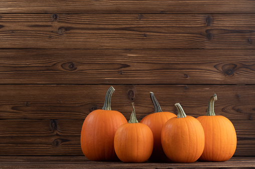 Whole pumpkins on dark wooden background with copy space for text, halloween or thanksgiving card